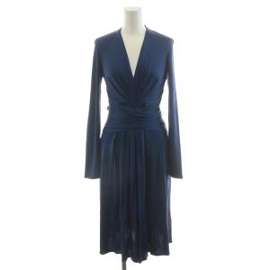 ワンピース ミモレ ロング 長袖 カシュクール リボン シルク 絹 US2 紺 ネイビー 14-04-00446