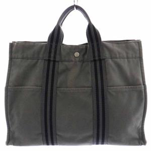 HERMES フールトゥMM トートバッグ ハンドバッグ キャンバス ライン グレー