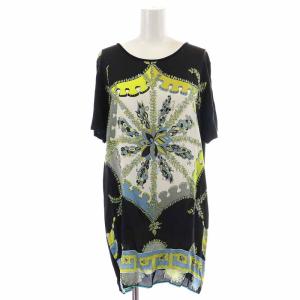 チュニック カットソー シルク 切替 総柄 半袖 I44 L 黒 ブラック
