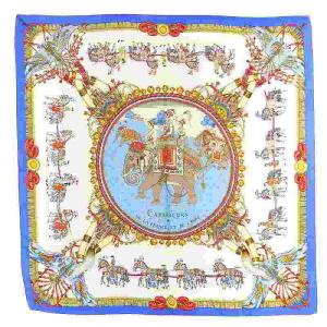 CAPARACONS DE LA FRANCE ET DE L'INDE 馬飾り カレ90 スカーフ シルク 象 ゾウ 青