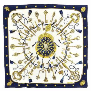 LES CLES THE KEYS RARE カレ90 スカーフ シルク 鍵柄 紺 ネイビー 白 ホワイト ゴールド色