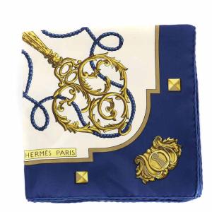 HERMES LES CLES THE KEYS RARE カレ90 スカーフ シルク 鍵柄 紺 ネイビー 白 ホワイト ゴールド色