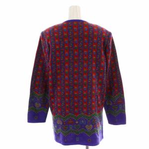YVES SAINT LAURENT ニットカーディガン ミドル丈 ウール 総柄 サイドスリット マフラー付き ヴィンテージ 長袖 M 赤 レッド 紫 パープル