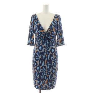 ワンピース 五分袖 ひざ丈 レオパード ヒョウ柄 シルク 絹 4 M 水色 ライトブルー 青 ブルー ベージュ