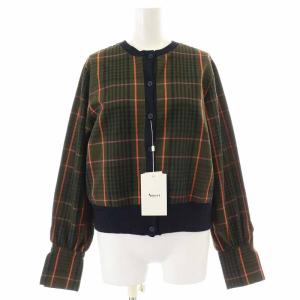 21AW CHEERFUL CHECK TOP カーディガン チェック 切替 長袖 F 緑 グリーン 紺 ネイビー 01120430650
