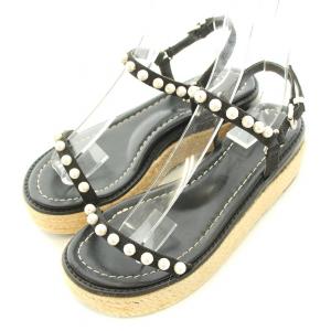 ストラップサンダル ラウンドトゥ 厚底 エスパドリーユ フェイクパール 装飾 23.5cm 黒 ブラック