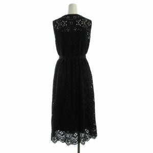 ANAYI フレアワンピース ミモレ ロング ノースリーブ カットワーク 花モチーフ インナーキャミ付き ベルト付き 38 M 黒 ブラック