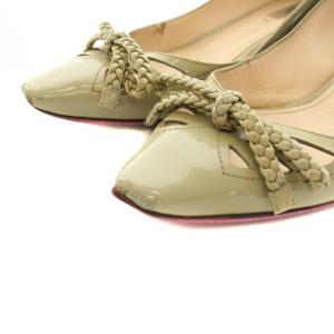 PRADA パンプス スクエアトゥ チャンキーヒール リボン エナメル ビブラムソール 36.5 22.5cm ミントグリーン