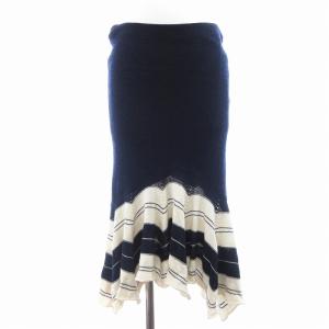 ニット スカート アシンメトリー マキシ ロング ボーダー L 紺 ネイビー 白 ホワイト