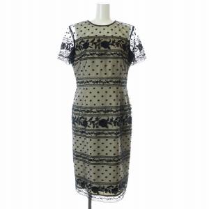 チュールラインレースワンピース タイト ミモレ ロング 半袖 クルーネック シースルー ドット 花柄 刺繍 38 M 黒 ブラック