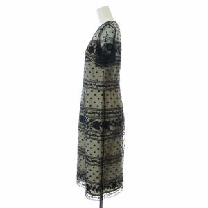 GRACE CONTINENTAL チュールラインレースワンピース タイト ミモレ ロング 半袖 クルーネック シースルー ドット 花柄 刺繍 38 M 黒 ブラック