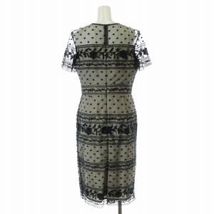 GRACE CONTINENTAL チュールラインレースワンピース タイト ミモレ ロング 半袖 クルーネック シースルー ドット 花柄 刺繍 38 M 黒 ブラック