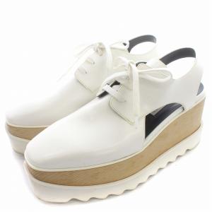 厚底シューズ レースアップ エコレザー ウッドソール 37 24cm 白 ホワイト