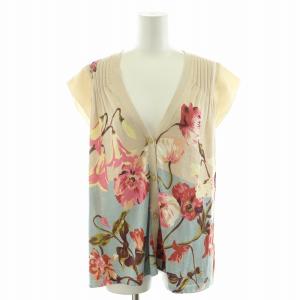 ニット カーディガン 切替 フラワーモチーフ 花柄 Vネック 絹 シルク フレンチスリーブ S ベージュ