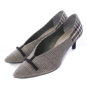 パンプス ポインテッドトゥ ハイヒール リボン 装飾 チェック柄 23cm グレー 黒 ブラック /BB