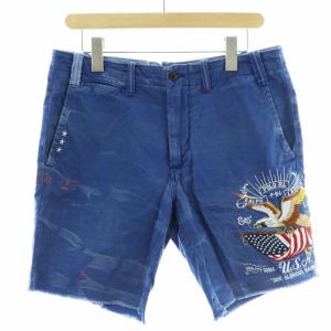 STRAIGHT FIT ショートパンツ デニム ジーンズ USED加工 国旗柄 イーグル柄 鷲柄 刺繍 ロゴ プリント カットオフ