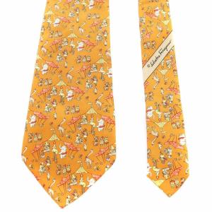 Salvatore Ferragamo レギュラータイ ネクタイ 総柄 動物 サーカス シルク 絹 オレンジ