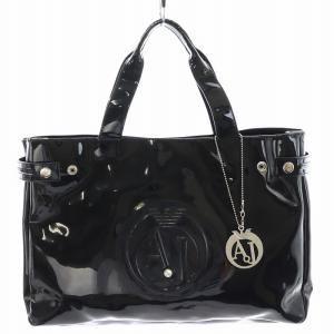 トートバッグ ハンドバッグ チャーム付き ロゴ エナメル 黒 ブラック