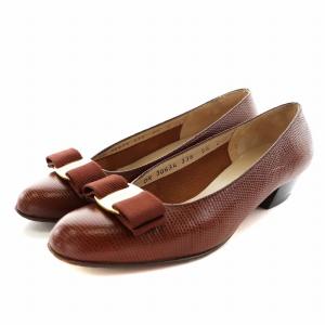 ヴァラリボン パンプス チャンキーヒール アーモンドトゥ レザー 5.5 23.0cm 茶 ブラウン /AN1