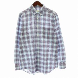 + プラス シャツ カジュアルシャツ 長袖 チェック 麻 リネン混 L 水色 ボルドー 白 ホワイト
