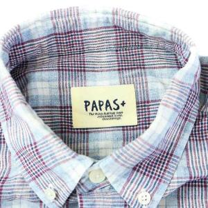 Papas + プラス シャツ カジュアルシャツ 長袖 チェック 麻 リネン混 L 水色 ボルドー 白 ホワイト