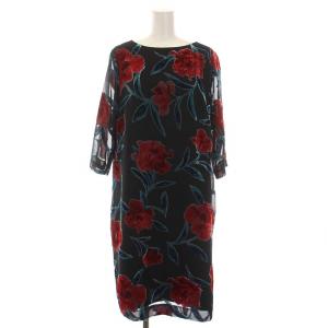 ワンピース ひざ丈 花柄 袖シースルー 七分袖 38 M 黒 ブラック 赤 青