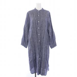 ワンピース ミモレ丈 長袖 バンドカラー リネン F 紺 ネイビー