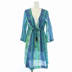 soleil swim シアーワンピース ミニ 長袖 総柄 シルク混 S 青 ブルー 緑 グリーン