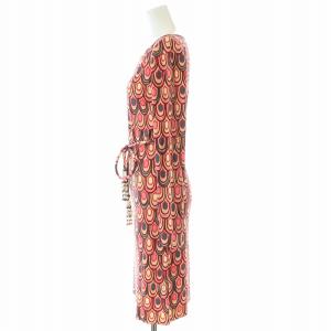 Emilio Pucci FIRENZE タイトワンピース ひざ丈 長袖 ストレッチ プッチ柄 総柄 シルク ベルト ビーズ 装飾 38 M ピンク