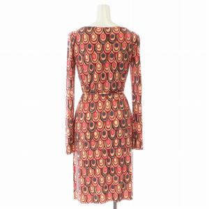 Emilio Pucci FIRENZE タイトワンピース ひざ丈 長袖 ストレッチ プッチ柄 総柄 シルク ベルト ビーズ 装飾 38 M ピンク