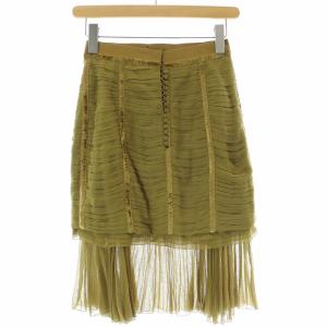 LOUIS VUITTON チュールスカート 変形 ひざ丈 シアーシースルー ベロア 切替 34 XS カーキ