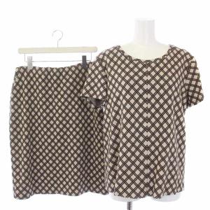 セットアップ 上下 ニット セーター 半袖 タイトスカート ひざ丈 チェック柄 ウール L 茶 ブラウン