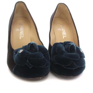 CHANEL ベロア パンプス ココマーク カメリア 37 ダークブラウン