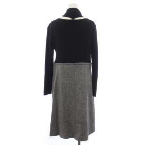 OLD ENGLAND ワンピース ひざ丈 長袖 切替 ツイード マフラー付き ウール 38 L 黒 ブラック