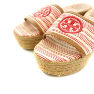TORY BURCH サンダル ウエッジソール キャンバス ロゴ刺繍 6.5M 23.5cm べージュ 赤 レッド