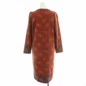 YVES SAINT LAURENT ニットワンピース ひざ丈 長袖 クルーネック ウール 総柄 M オレンジ マルチカラー