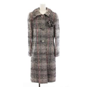 ツイード ステンカラーコート ロング コサージュ付き アウター 40 黒 白 ピンク AD-529510