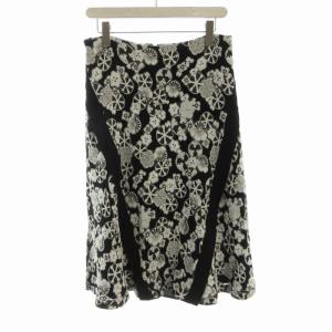 フレアスカート ミモレ ロング 花柄 刺繍 38 黒 ブラック 白 ホワイト F662JU1995DA