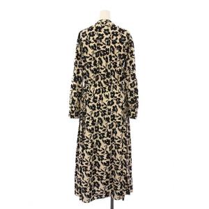 SHIPS ワンピース ロング 長袖 バンドカラー プリーツ 花柄 M ベージュ 黒 314-51-4409 /BM