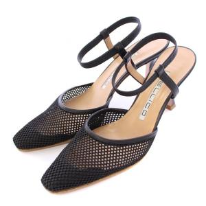 ミュール ストラップパンプス アンクル スクエアトゥ チャンキーヒール メッシュ 36 黒 ブラック /BB