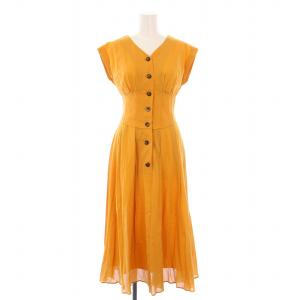 カラーワンピース フレア ミモレ ロング 半袖 Vネック リボン 34 オレンジ 32269320 /BB
