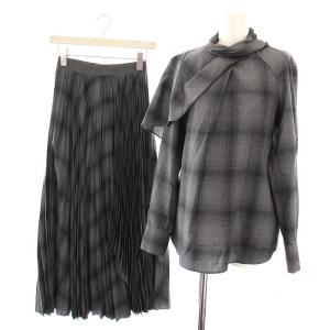セットアップ 上下 ブラウス 長袖 プリーツスカート ロング チェック 34 グレー /YM BM
