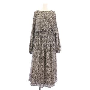 フラワープリントギャザーワンピース フレア マキシ ロング 長袖 クルーネック ウエストゴム 花柄 総柄