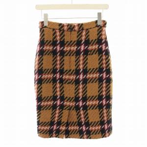 miumiu 2014年製 ニットスカート ひざ丈 タイト チェック柄 38 茶 ブラウン 黒 ブラック ピンク /YT