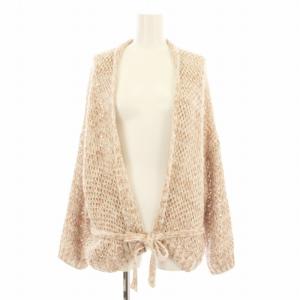 53410301670 ニットカーディガン 長袖 メッシュ ベルト付き M ピンクベージュ 白 ホワイト