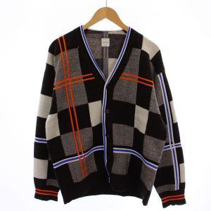 ブロックチェック カーディガン 長袖 Vネック ニット ウール XL 茶 白 233408 289Y /BM