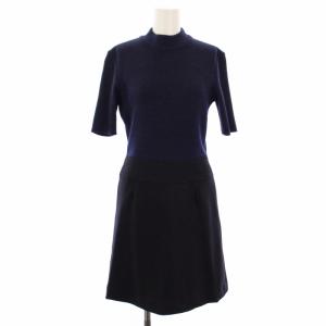 ヴィンテージ ワンピース ウール ニット 切替 半袖 ひざ丈 40 紺 530-44399 /TK MU