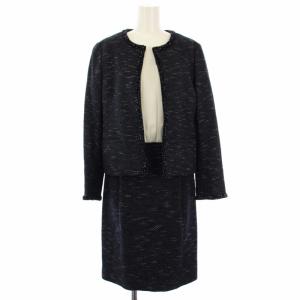 フリンジ/カルゼ D セットアップ ノーカラー ジャケット ワンピース 2点 40 紺 /TK MU