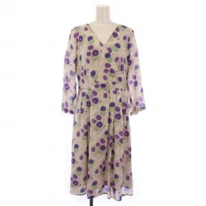 ワンピース ひざ丈 七分袖 Vネック 総柄 シルク 3 紫 ベージュ /BM MU