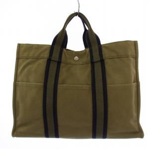 HERMES エールライン トートMM トートバッグ ハンドバッグ キャンバス カーキ /BM MU OH